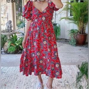House of Harlow 1960 Women's Red Floral Puff Sleeve Tie Knot Midi Dress Size M